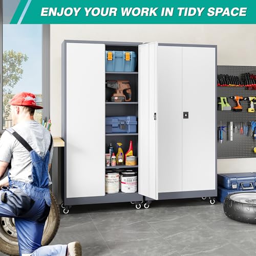 Image of 75 inch Tall Metal Storage Cabinet with Wheels,Rolling Garage Storage Cabinet with Lock,Gray White Metal Cabinets with Wheels and Shelves,Locking Tool Cabinets on Wheel for Garage,Home,Office,Shop