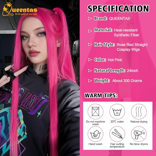 Image of QUEENTAS Hot Pink Wigs for Women 25 inch Straight Long Hair Wig for Halloween Cosplay Natural Looking Synthetic Glueless Wig