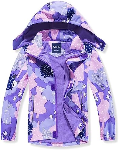 FAFSGOD Girls Rain Jacket Fleece Lined Zip Hooded Lightweight Coats Casual Kid Waterproof Windbreaker (Hedgehog Purple, 8-9Y)