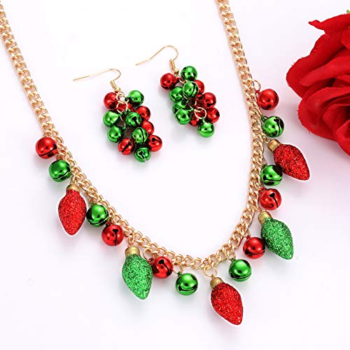 Yahpern Christmas Necklaces For Women Girls X-Mas Jingle Bell Light Bulbs Chunky Collar Necklaces Jingle Bell Drop Dangle Earrings Set Holiday Gift (Light Bulbs) #TOP6