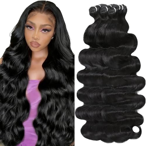 16A Raw Human Hair Bundles Body Wave Bundles Human Hair 24 26 28 Inch 100% Unprocessed Indian Human 3 Bundles for Women Human Hair Extensions Quick Weave No Tangle Shedding Natural Black