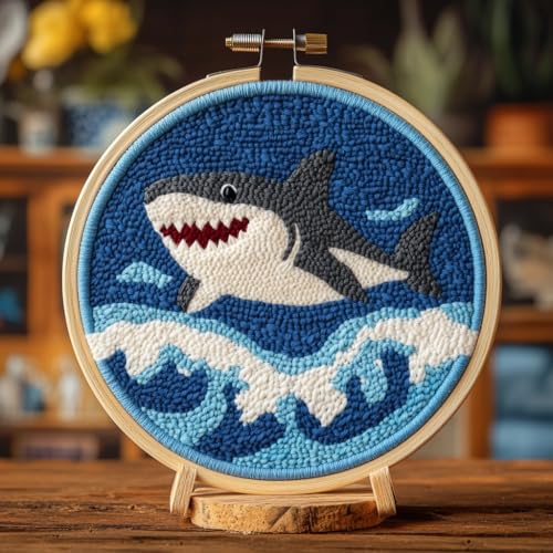 DIY Punch Needle Kits for Beginners Sea Shark with Sea Wave with Hoop Embroidery Punch Needle Starter Craft Set Easy for Adults and Children Festival Gift and Decoration 20x20cm-1
