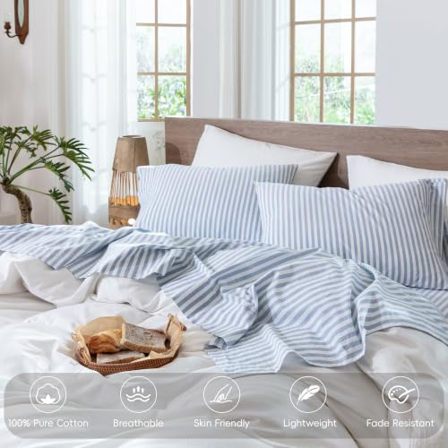 Image of MooMee Striped Sheet Set 100% Washed Cotton Linen Like Queen | Relaxed Linen-like Texture. Soft, Breathable & Lightweight Comfort. 15-19 inch Extra Deep Pocket with All-around Elastic