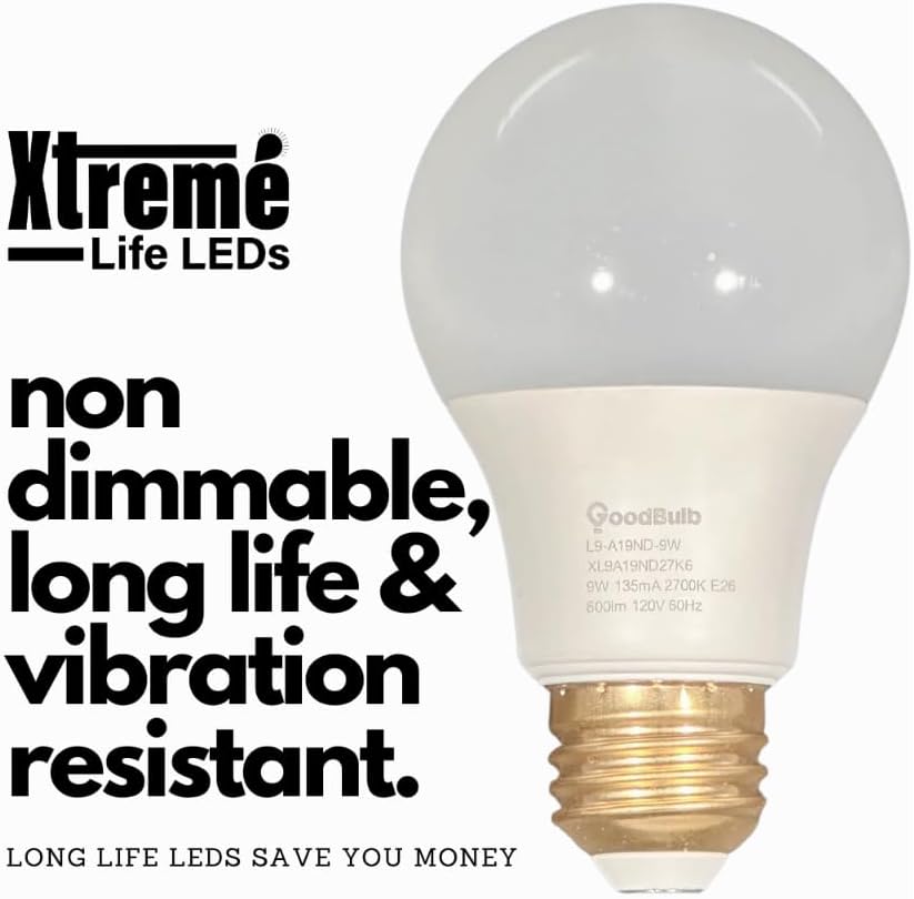 GoodBulb 60 Watt Replacement – 9 Watt Rough Service LED A19 – Warm Incandescent Sparkle – 800 Lumens – 2700 Kelvin – Non Dimmable - Long-Lasting 25,000 Hours (6 Pack)