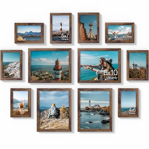 Image of Vittanly 12 Pack Picture Frames Collage Wall Decor for Mounting or Tabletop Display, Gallery Wall Frame Set for Family, Multi Sizes Including 4pcs 8x10, 4pcs 5x7, 4pcs 4x6, Brown