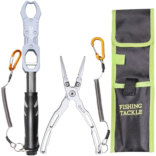 QKP Fish Grabber Fish Lip Gripper Pliers Fish Scale - Upgraded Muti-Function Hook Remover and Split Ring Pliers for Fly Fishing, Ice Fishing, Fishing Gear
