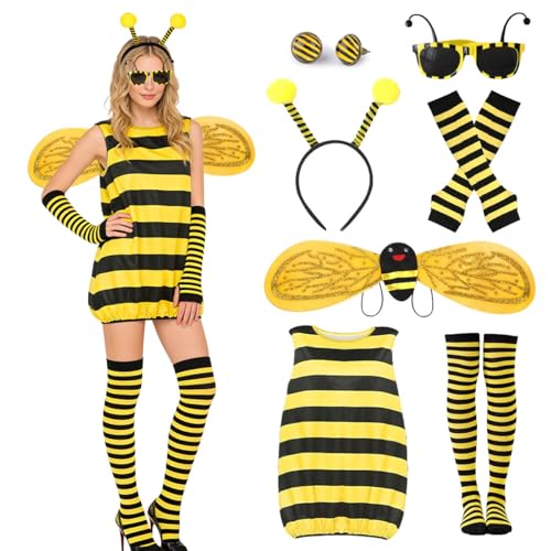LGZIN Bienenkostüm Damen, Bienen Kostüm für Erwachsen, Hummel Kostüm mit Flügeln, Ohrringe, Brille, Stirnband, Handschuhe, Beinärmeln,...