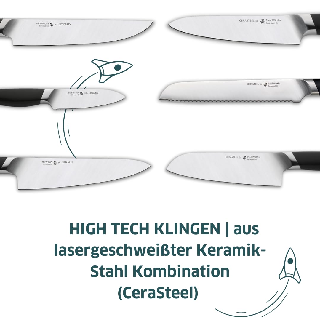 Paul Wirths Cerasteel Brotmesser, 20 cm, Keramik, Wellenschliff | Das Brotmesser überzeugt mit bruchfester Klinge, 62 Rockwell, G10-Fiberglas-Griff aus der Luft- und Raumfahrtforschung