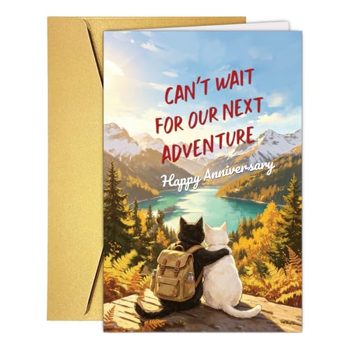 UUEFKTN Happy Anniversary Card for Him Her, Cat Anniversary Card for Partner Husband Wife Boyfriend Girlfriend - Can't Wait for Our Next Adventure