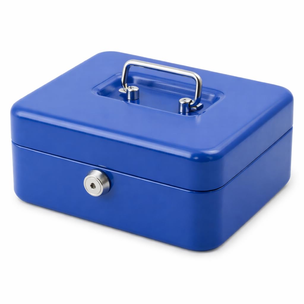 Cash Box 10 Inch (25cm) | Lockable Steel Money Box with Coin Tray & 2 Keys | Heavy Duty Petty Cash Safe for Home, Office & Events | Black, Blue & Red (BLUE) โ image 1