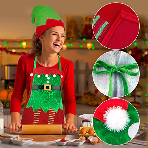 BETESSIN Weihnachtsschürze Rot Weihnachten Elfen Schürze mit Elfenmütze Polyester Kochschürze mit Taschen Wichtel Kostüm Damen und Herren Karneval Fasching Kostümparty usw.