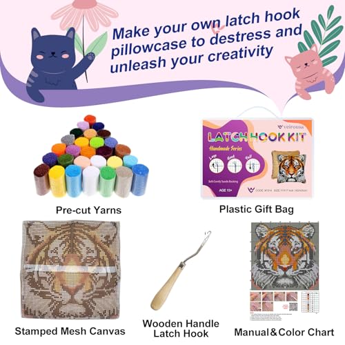 Image of veirousa Tiger Latch Hook Kits for Adults Beginners, Animal Latch Hook Pillow Kit Pre-Printed Latch Hook Rug Kits Craft Cushion Set for Home Sofa Decoration 17x17 in. Handmade Gift