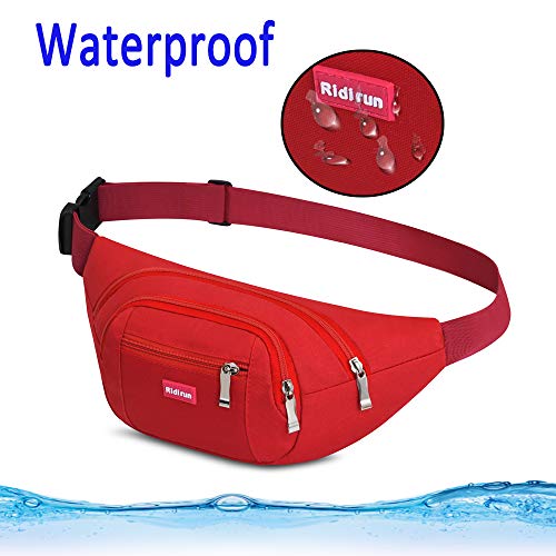 Bauchtasche Gürteltasche Hüfttasche für Damen und Herren,3 Reißverschluss Taschen Wandern Outdoor Sport Hüfttasche Urlaub Geld Pouch Pack Red
