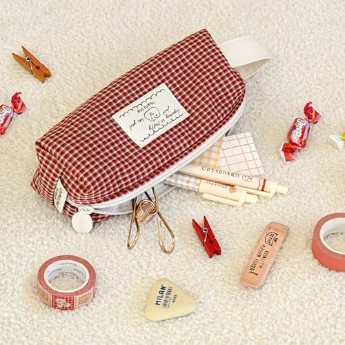 Image of Monolike Unmatched Friends Fabric Check Block Pencil Case, Vintage red - Aesthetic Gingham Pastel Desk Organizer, Soft Padded Makeup Brush Case, Trendy Minimalist Stationery Pouch