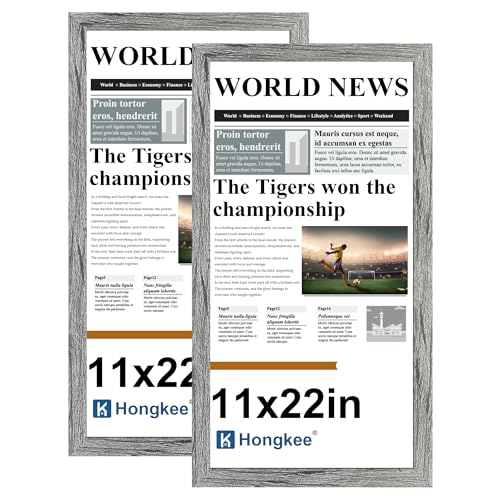 Hongkee 11x22 Newspaper Frame 2 Packs Real Glass and Grey Wood Frame Display Panoramic 11 x 22 Magazine Frames - Horizontal or Vertical Wall Mounting