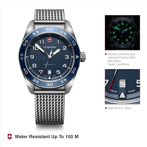 Image of Victorinox Swiss Army | Swiss Made Men's Automatic Watch, 42 mm, 100M Water Resistant, Anti-Shock | Blue Dial, Stainless Steel Case, Silver Mesh Bracelet, Sellita SW200-1 Movement | 242045