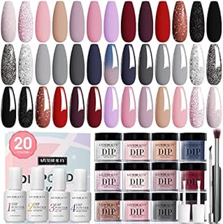 29 Pcs Dip Powder Nail Kit Starter, AZUREBEAUTY Fall Winter 20 Colors Glitter Red Pink Black Grey Acrylic Dipping Powder System Essential Liquid Set with Base & Top Coat for French Nails Art Manicure DIY Salon Gift for Women