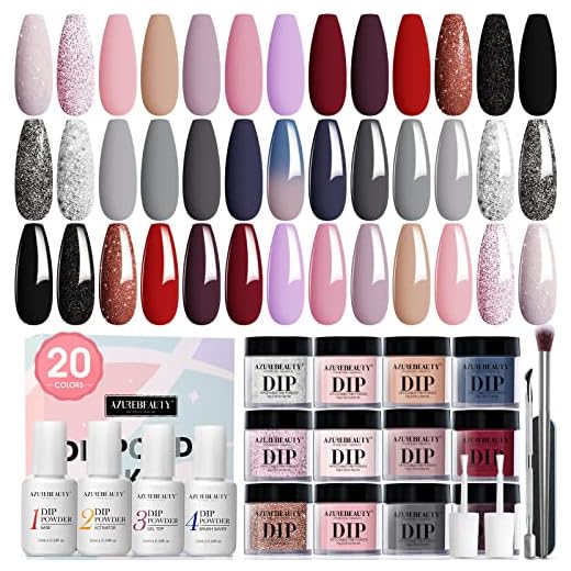 29 Pcs Dip Powder Nail Kit Starter, AZUREBEAUTY 20 Colors Glitter Red Pink Black Acrylic Dipping Powder System Essential Liquid Set with Base & Top Coat for French Nails Art Manicure Gift for Women
