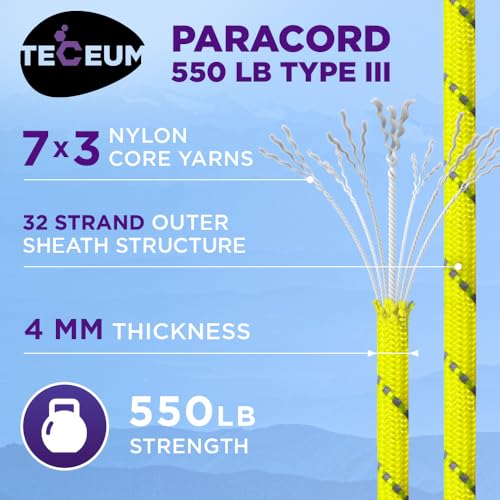 Image of TECEUM Reflective Paracord Rope 1000 - 1000ft /200ft /100ft /50ft - 40+ Colors - Glow in the Dark - para Cord - Utility Rope for Survival, Hunting & Camping Gear - Nylon String, Camping Rope, Tent Cord