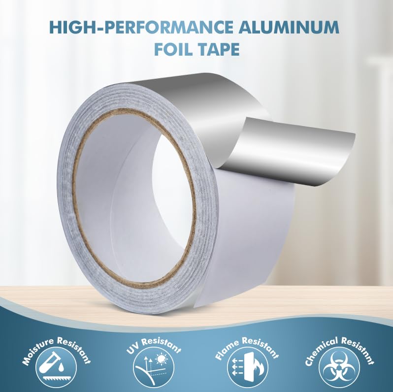 Image of 2 pack Aluminum foil tape, 2 Inches x 22 Yards, suitable for sealing and repairing dryer exhaust lines, piping systems, etc., insulating adhesive metal high temperature heavy duty aluminum foil tape