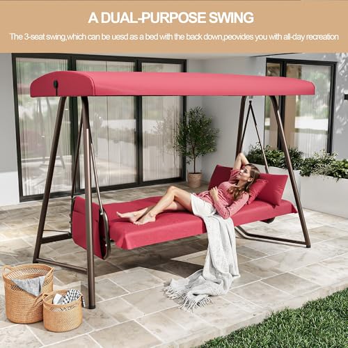 3-4 Person Oversized Outdoor Porch Swing with Adjustable Backrest Canopy,2-in-1 Swing Bed 800 lbs Capacity,Patio Swing with Removable Cushions for Yard Garden Poolside Balcony