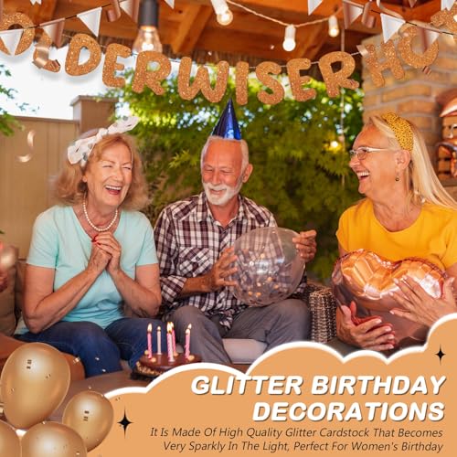 Image of Fulmoon Set of 3 Pre Strung Older Wiser Hotter Glitter Banner Funny Birthday Banner for Women 30th 40th 50th 60th 70th 80th Birthday Party Decorations Sign Gift(Orange)