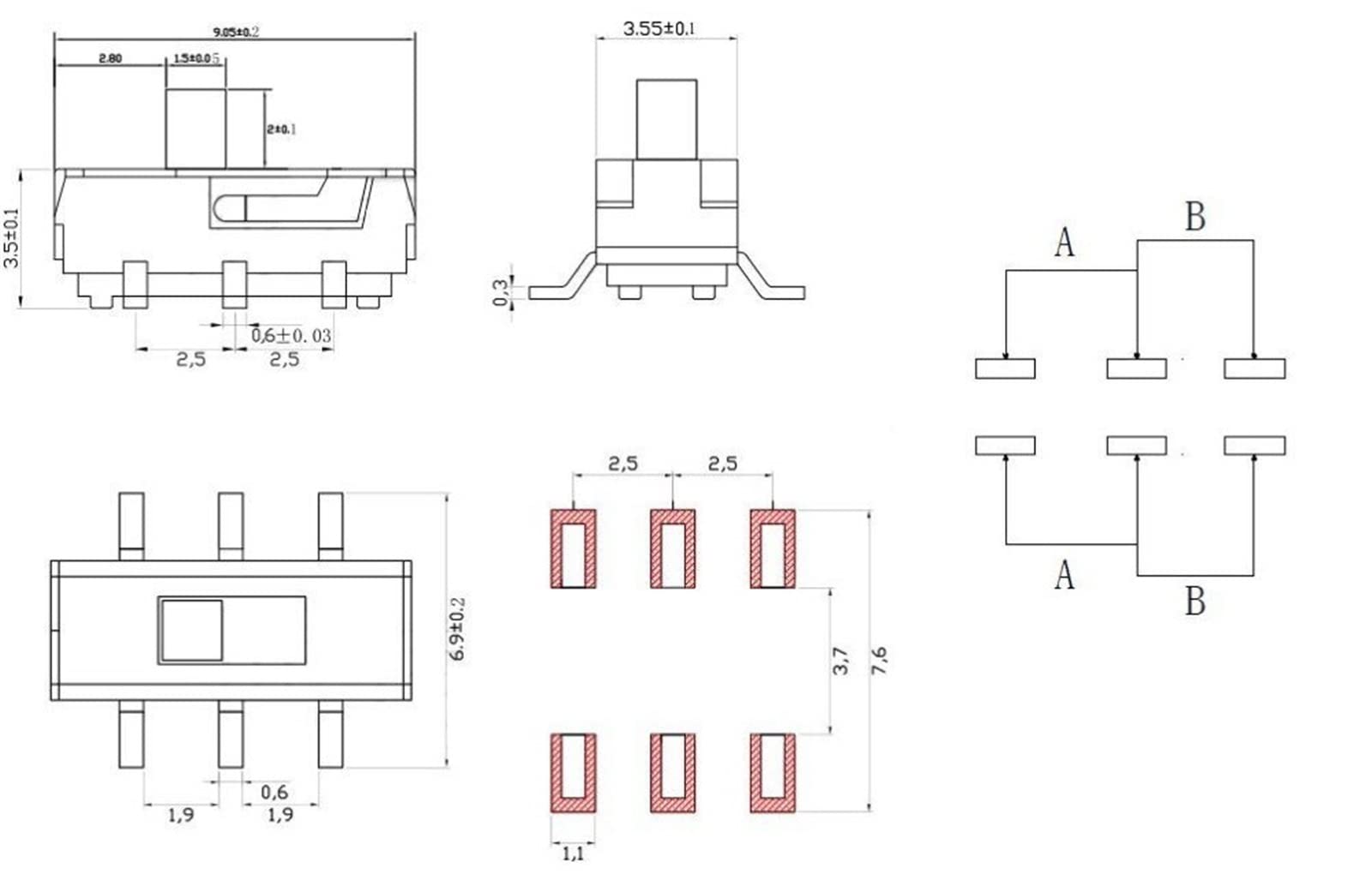 1000 Stücke MSS22D18 Mini Miniatur SMD SMT Schiebeschalter 2P2T 6Pin Griff Höhe 2mm for DVD Schalter