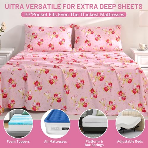 Image of Bedlifes Floral Pattern Bed Sheet Set Queen Size, 18-24 inch Extra Deep Pocket | Ultra Soft Microfiber, Breathable & Silky, OEKO-TEX Certified, Easy-Care Machine Washable, 4PCS, All-Season Spring Bedding