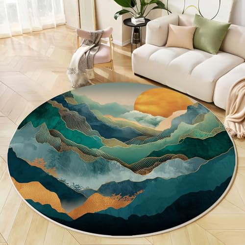 Tapis bleu vert 60 cm rond lavable et antidérapant pour salon et chambre - 4