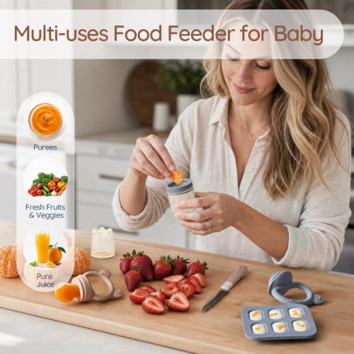 Image of 2 Pack Silicone Baby Fruit Feeder with Mini Freezer Tray, Fresh Food Feeder for Safe Infant Self Feeding, Extra Food Pouches, Breastmilk Popsicle Molds for Baby Teething Relief - Blueberry