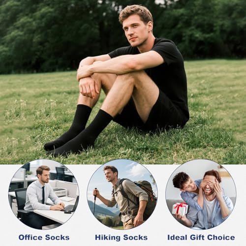 BISOUSOX Merino Wool Socks for Men, Thin Wool Socks Mens Black Dress Sock Crew Calf Long Tube Boot Size 9-122