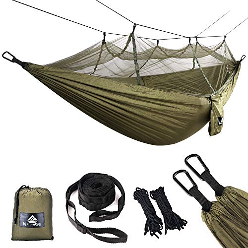 NATUREFUN Ultraleichte Moskito Netz Camping Hängematte 300kg Tragfähigkeit,(275 x 140 cm) Atmungsaktiv, schnell trocknende Fallschirm Nylon Enthalten 2 x Premium Karabinerhaken 4 x Nylonschlingen