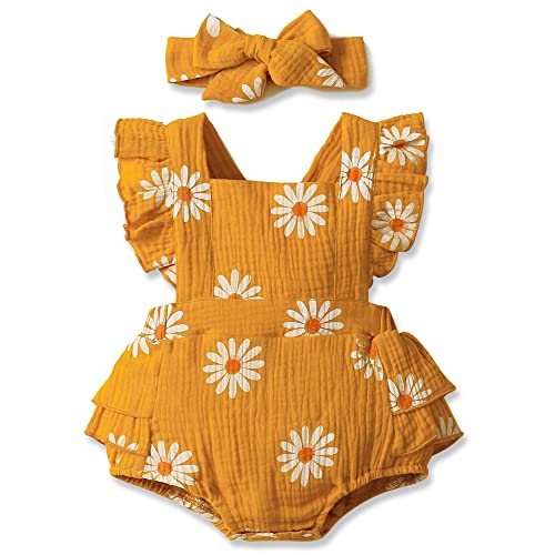 Image of PATPAT Newborn Baby Girl Clothes Daisy Print Crepe Fabric Baby Romper Set Infant Girl Outfits 2PC Set 100% Cotton
