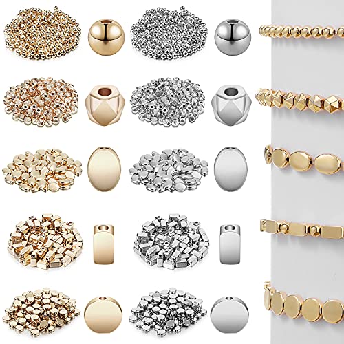 1800 Pieces Assorted Spacer Beads Rondelle Shape Cube Beads Tube Column Beads Flat Disc Loose Beads Round Ball Beads for Earring Bracelet Necklace DIY Jewelry (Gold, Silver)