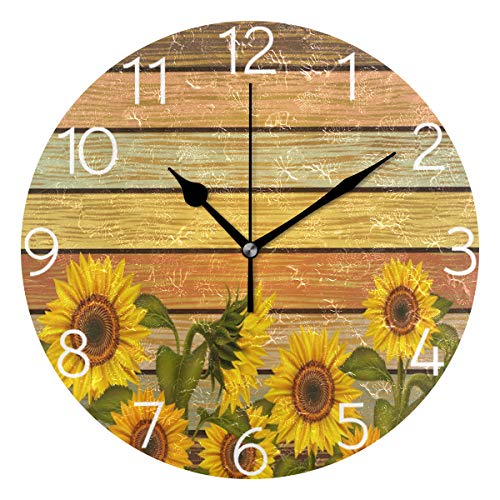 MOYYO Autumn Sunflowers On Wooden Board Wall Clock Silent Round Wall Clock Battery Operated Creative Decorative Clock for Kids Living Room Bedroom Office Kitchen Home Decor
