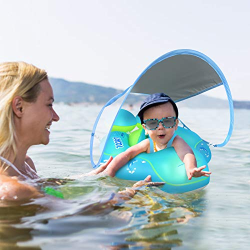 LAYCOL Baby Swimming Float with Sun Canopy Over UPF50+ ， Baby Floats for Pool Add Tail Never Flip Over (Blue, L) - Thumbnail 4