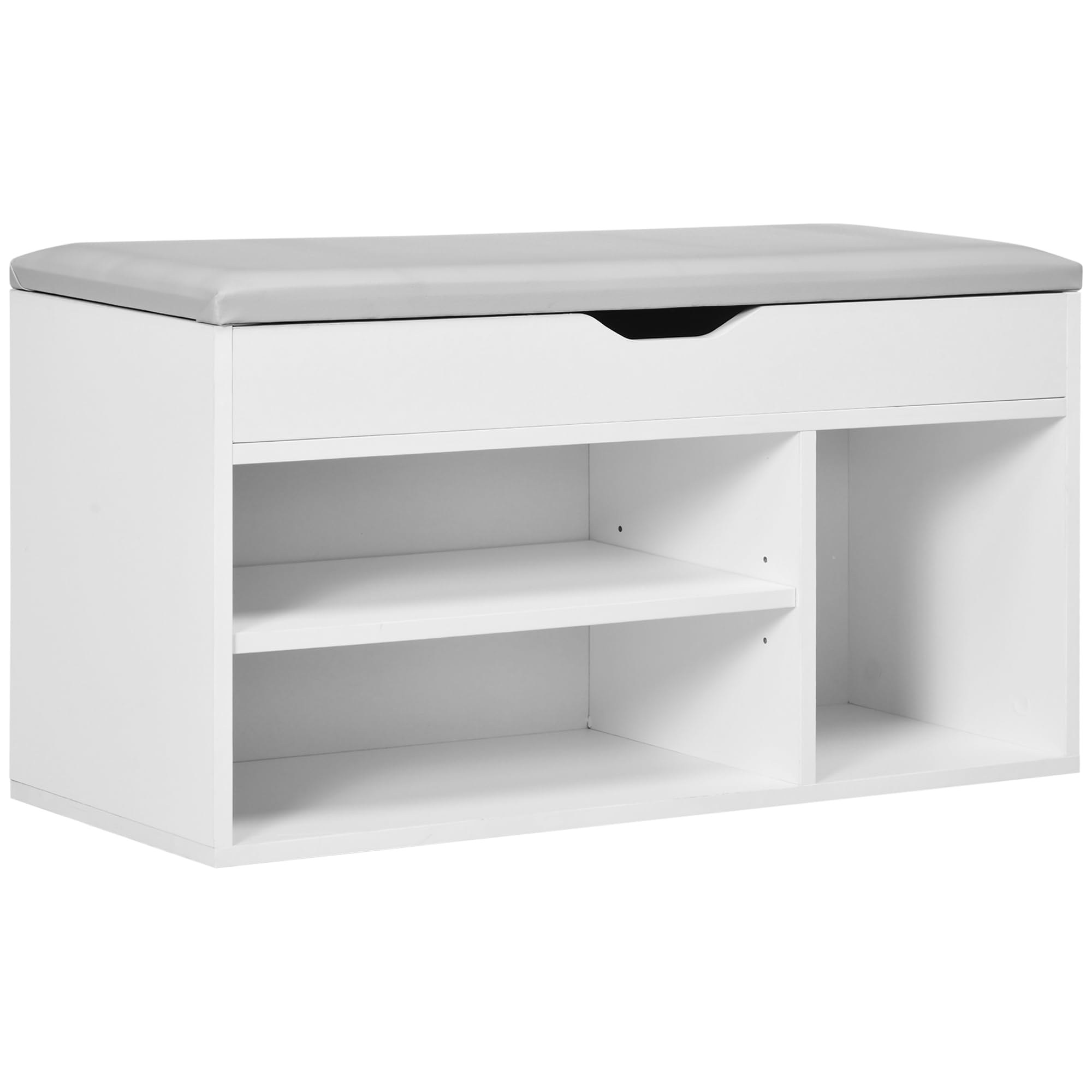 HOMCOM Armario Zapatero para Almacenamiento Banco de Zapatero con Asiento Estantes Cajón y Cojín Dos Niveles para Entrada y Recibidores Moderno Carga MAX 120kg 80x30x43cm Blanco