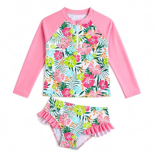 Image of HILEELANG Toddler & Little Girls' Long Sleeve Rash Guard Swimwear Set - UV Protection, 2-Piece Design, Fun Prints, 2-9 Years