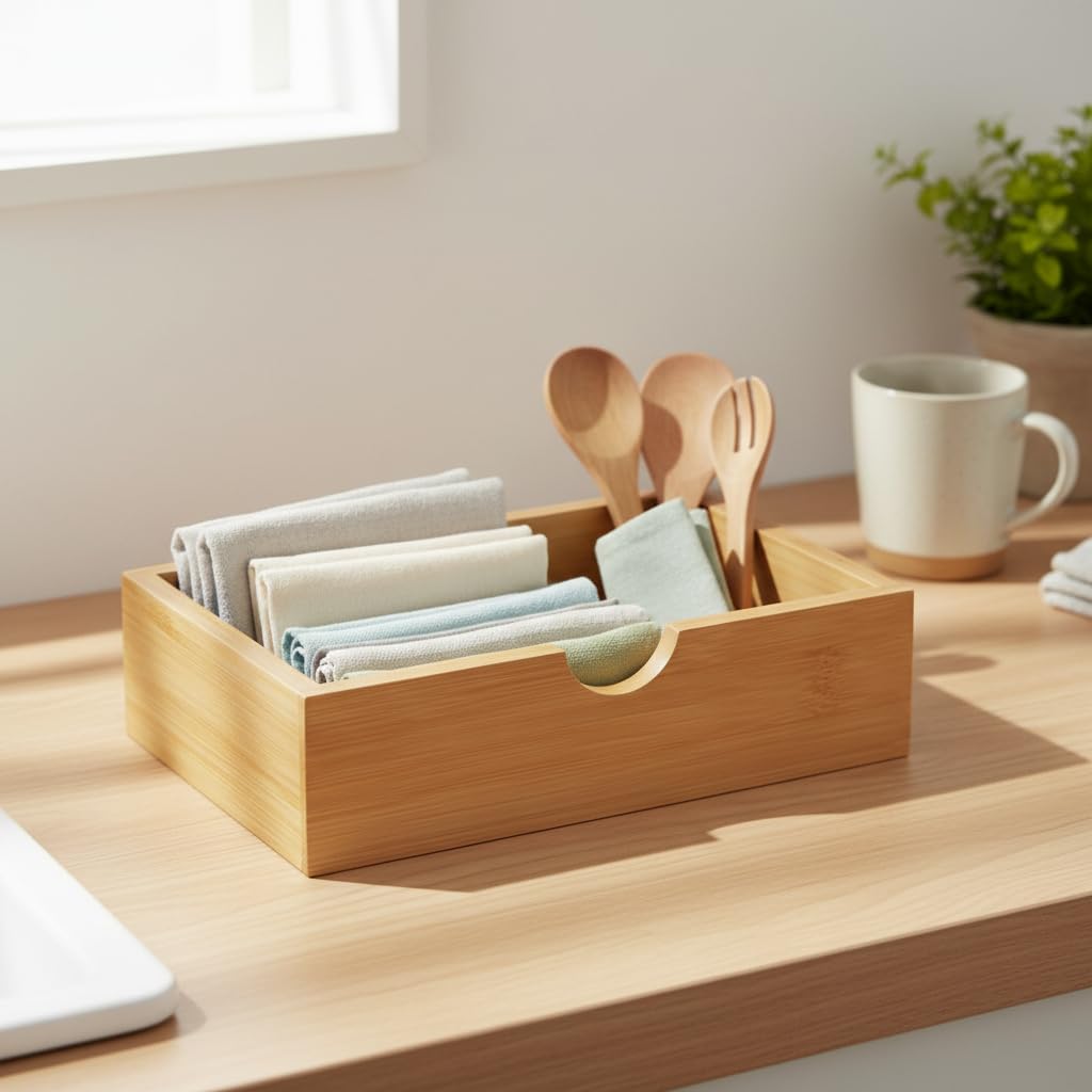 Deconox Doğal Bambu Peçetelik ve Çok Amaçlı Organizer Kutu - 18.5x12.5x5 cm Masaüstü ve Banyo Düzenleyici Ahşap Stand
