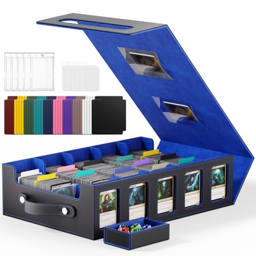 Image of Trading Card Storage Box, 4300+ MTG Deck Box with Magnetic Lid | Handle design with Commander and Toploader displays, dice box, dividers and labels for TCG, MTG, Yu-Gi-Oh! and sports cards