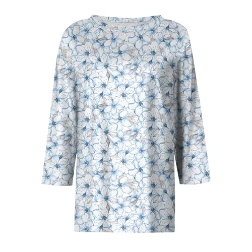 Three Quarter Sleeve Tops Women's Crewneck Casual Tees Fall Pullover Hawaii Floral Shirt Summer Basic Loose Fit Tunic3