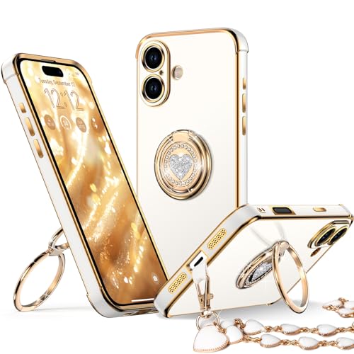 Coque iPhone 2025 avec support étui de protection de luxe blanc brillant