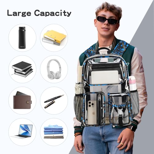 Image of Large Clear Backpack Heavy Duty For Stadiums Events,16in TPU Blue BookBag | Large capacity See Through strong Plastic backpack Stitch Durable Design 6-Pocket For School carry Airport Quick Security