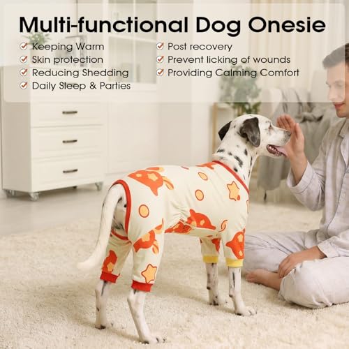 Image of BRKURLEG Soft Dog Pajama, Dog Recovery Suit, Beige, XXL | Long Sleeve Prevent Shedding, Anti-Licking wounds, Pet Onesie Cute & Stretchy Puppy Jumpsuit Pjs for Small to Large Breeds