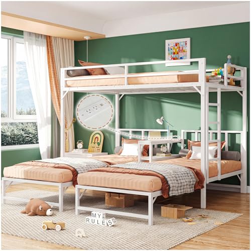 La Mejor Lista de Literas Coppel - solo los mejores. 42 Simple Wisdom Literas de 3 Camas,Literas Individuales Tiene Tres Base Cama Individual,Litera Triple con Mesa,Equipado con Barandillas y Escaleras,La Base Metal es Resistente y...