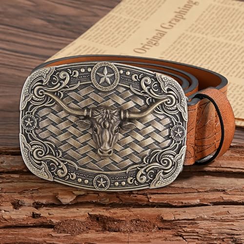Image of HUABOLA CALYN Long Horn Bull Belt Buckles for Men Women American Flag Texas Star Belt Buckles