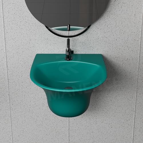 Image of REMANENCE Luxury Wall Mount Half Pedestal Wash Basin for Bathroom | Designer Wall Hung Basin | Wall Mounted Washbasin for Resturent, Hotels (16 x 16 x 11 Inch) (Matte Green)