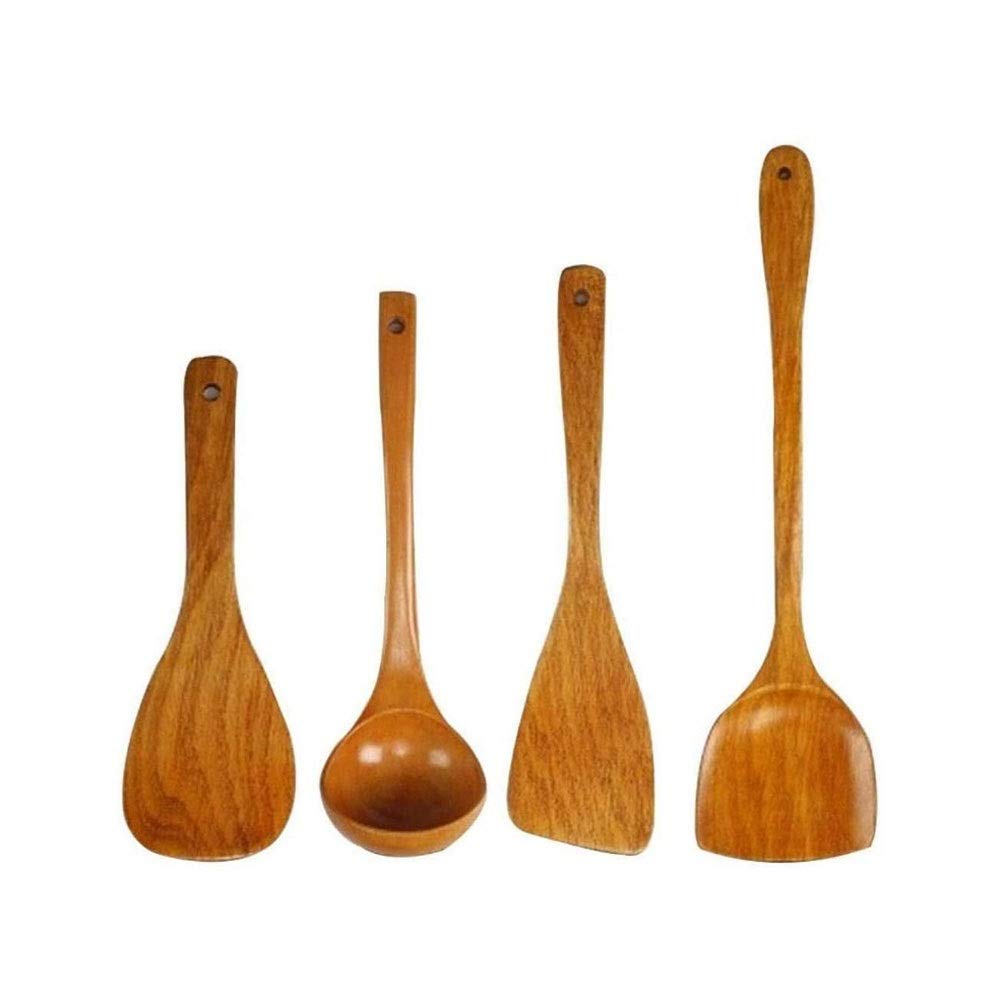 RWRAPS Antihaftbeschichtetes Geschirr-Besteck-Set aus Holz, Kochgeschirr, Gabel, Löffel, Messer-Set, Küchenutensilien mit langem Griff, Spatel, Flache Schaufel