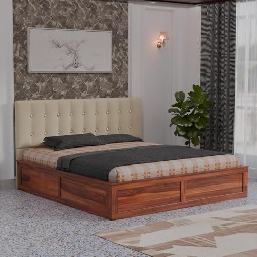 Image of Sheesham Wood King Size Bed with Storage Box | Double Bed for Home | Platform Cot with Cushioned Headboard | Upholstered Beds | Recommended Mattress 78x72 Inch | Cream & Honey Finish