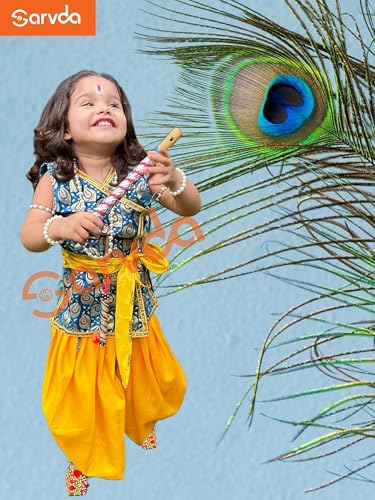 Image of Sarvda Krishna & Radha Dress for Kids - Complete Janmashtami Costume Sets with Dhoti /Lehenga, Mukut, Mor Pankh, Bansuri & Accessories | Fancy Dress for Baby Boys & Girls